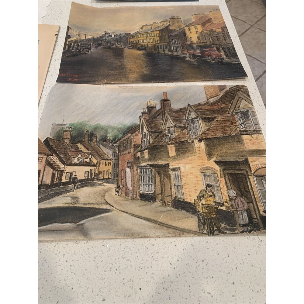 Vintage European Watercolor/charcole Drawing of Urban Landscape,Signed by Artist